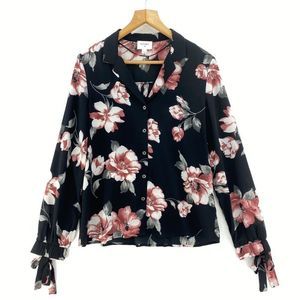 EVERLY Black And Pink Floral Print Bow Cuff Long Sleeve Shirt